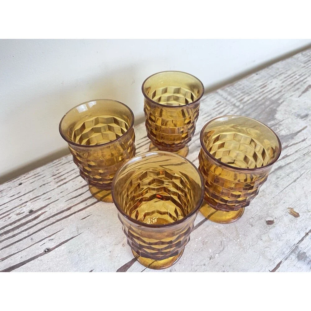 Vintage Indiana Whitehall Amber Footed Cubist 4” Tumblers Glasses (Set Of 4)